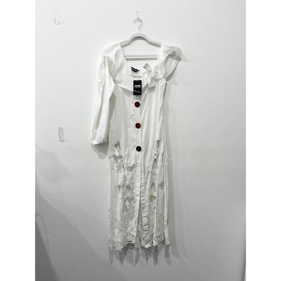 NWT Myriam Arroyave Asymmetric Sleeve Semi Sheer Cover-Up Midi Dress White S/M - Picture 1 of 3